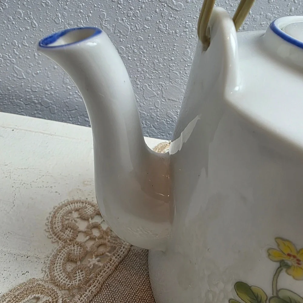 Vintage Ceramic Botanica Teapot Yellow Floral Clover Blue Trim Lid Rattan Handle